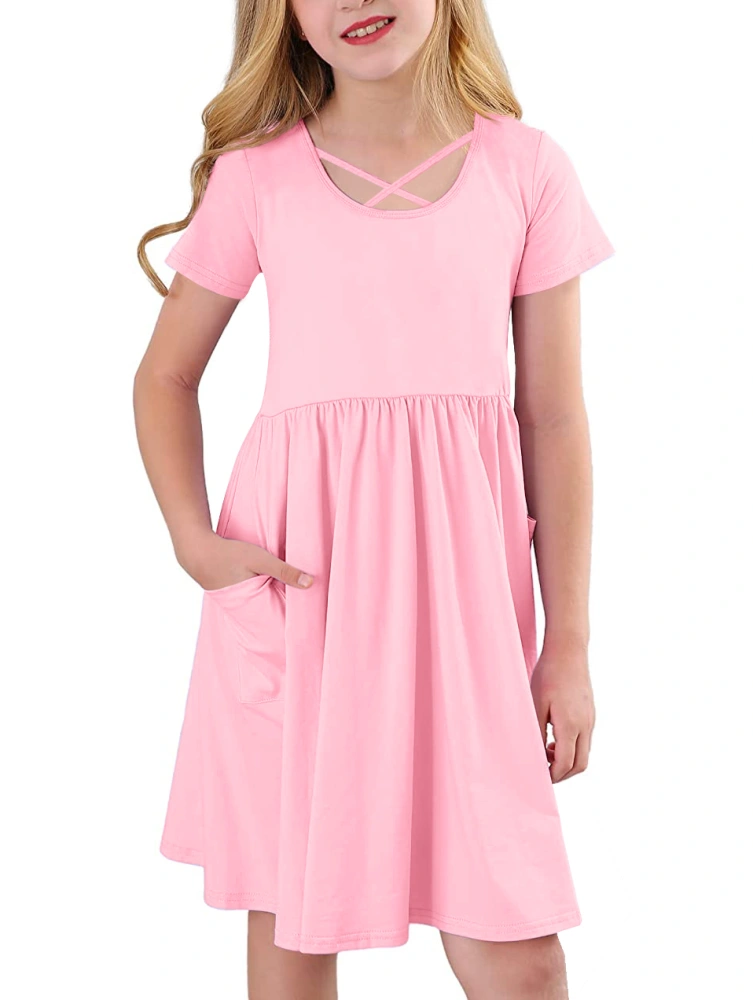 Haloumoning Girls Short Sleeve Dresses Casual A-Line Swing Twirl Skater Dress with Pockets for 4-15 Years Kids