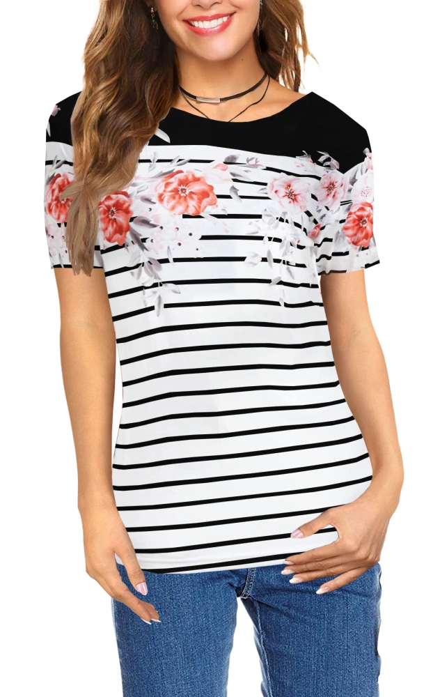 Ladiyo Womens Summer Tops Floral Print Striped Shirt Short Sleeve Round Neck T Shirts Fashion Basic Tees