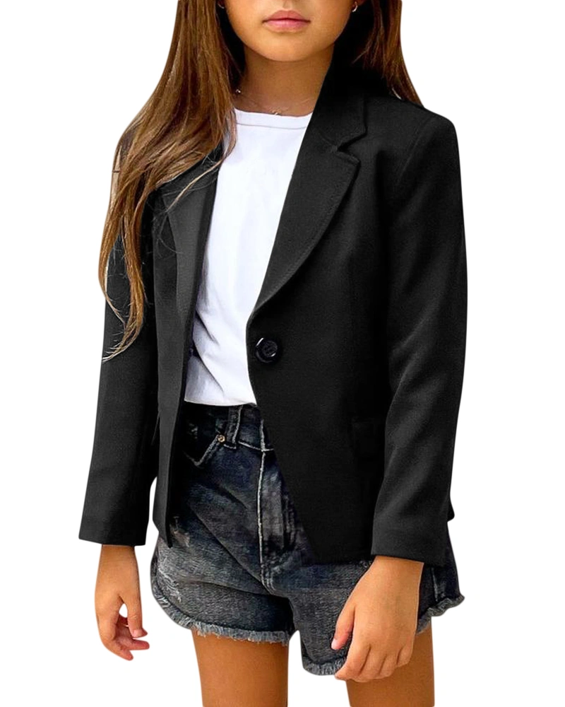 Girls Solid Color Lapel Suit Coat Button Down Long Seelve Blazer Jacket