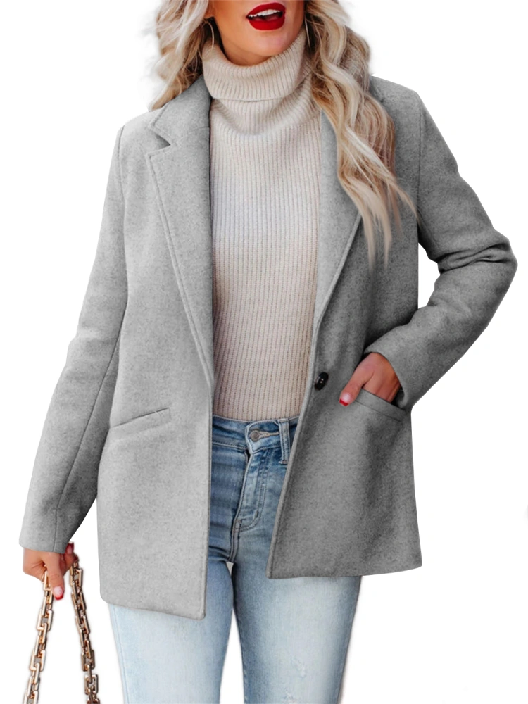 Womens Casual Blazer Long Sleeves Notched Collar Button Closure Forecast Soild Jackets with Pockets