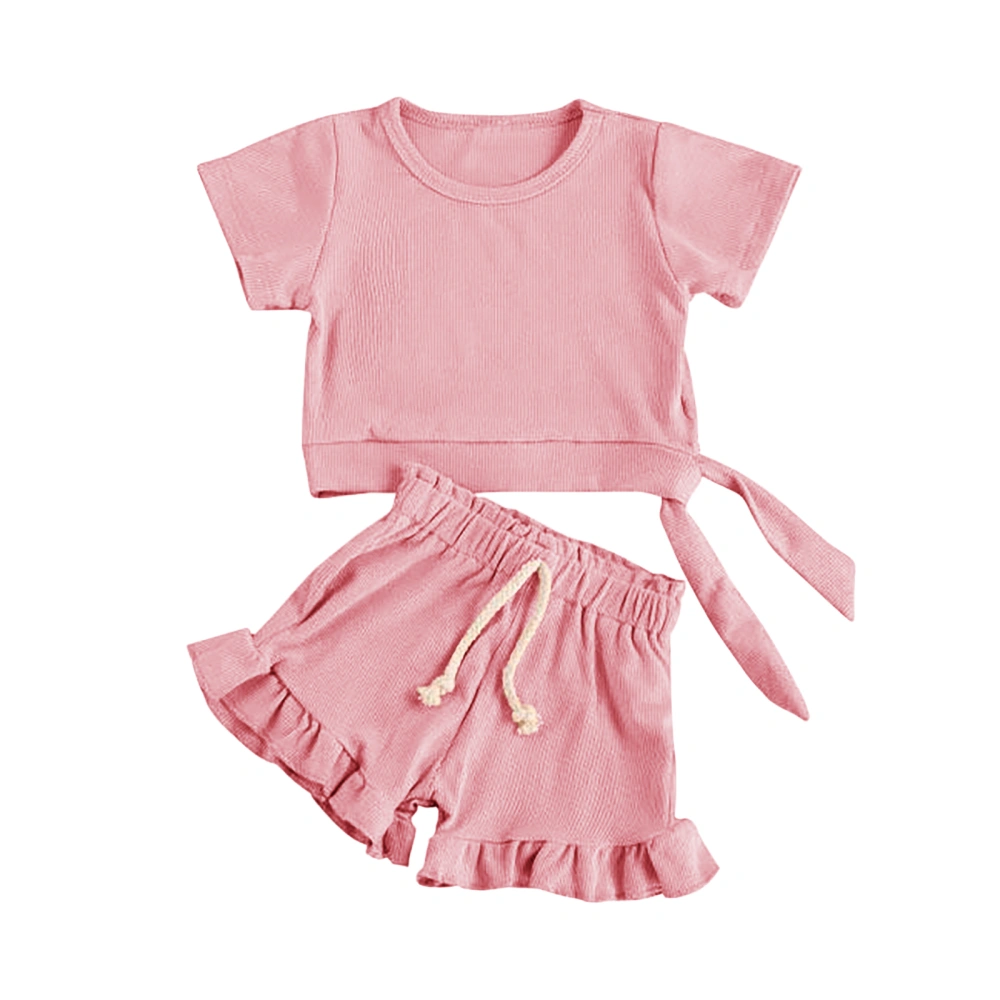 PiePieBuy Girls Rib Knit Short Sets Short Sleeve Side Tie T-Shirt Ruffle Shorts 2 Pieces Summer Outfits Clothe 5-14 Year