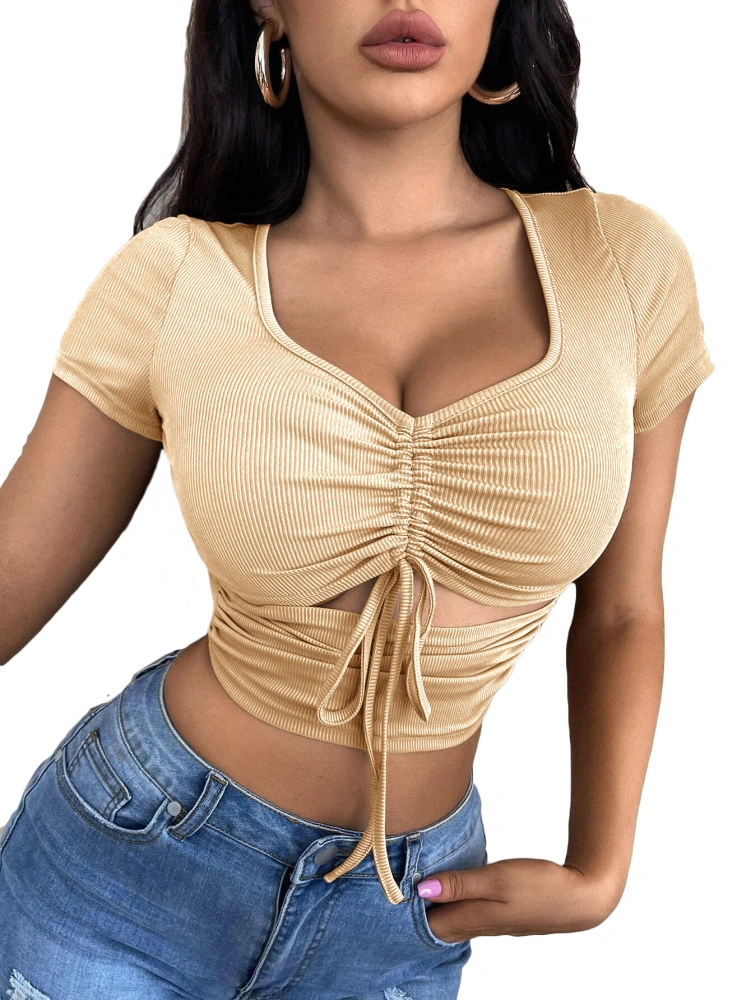 Women's Summer Sexy Crop Top Ruched Y2K V Neck Slim Short Sleeve Casual Basic Knit T Shirt Workout Tops