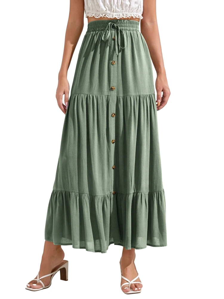 imesrun Womens Maxi Skirts Casual Elastic High Waist Front Button Ruffle Flowy Swing Long Skirt