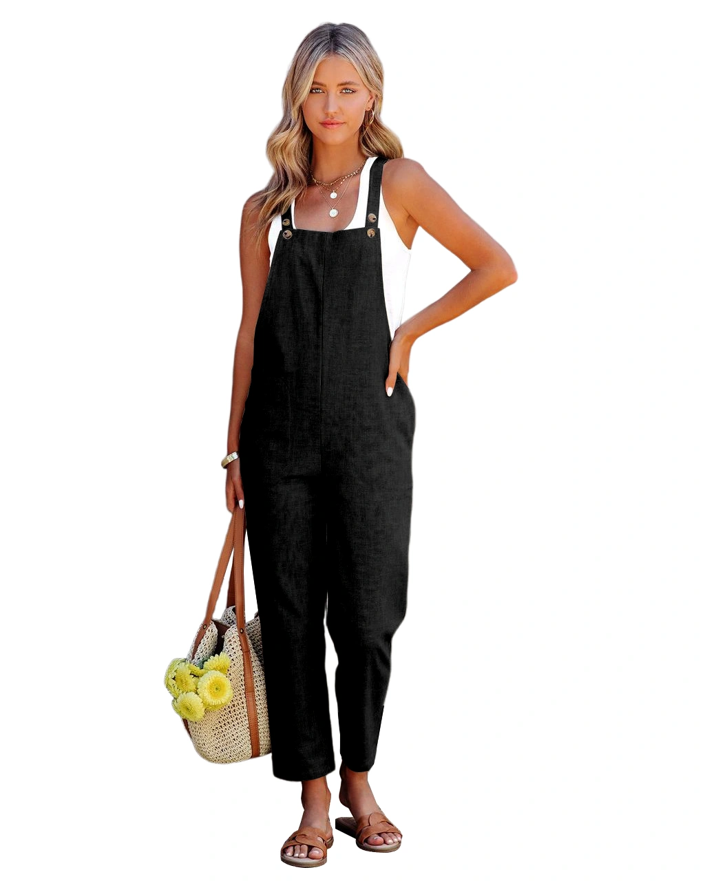 Aoysky Women's Fashion Casual Long Bib Pants Jumpsuits Linen Blend Rompers Overalls with Pockets