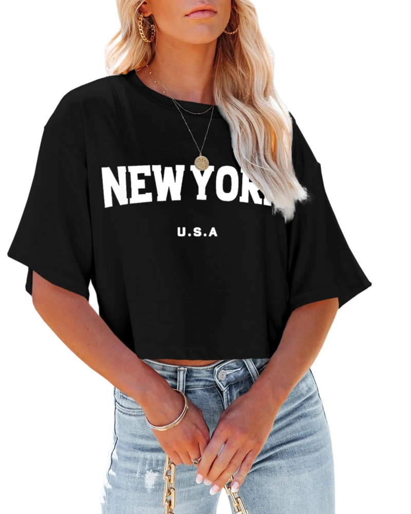 Tankaneo Womens Los Angeles California Letter Print Cropped T Shirt Half Sleeve Crop Tees Round Neck Summer Crop Tops