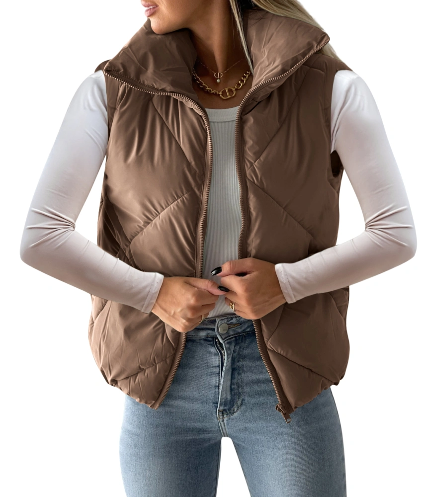 Womens Quilted Cropped Puffer Jacket Long Sleeve Full Zipper Pocketed Warm Short Bubble Coats