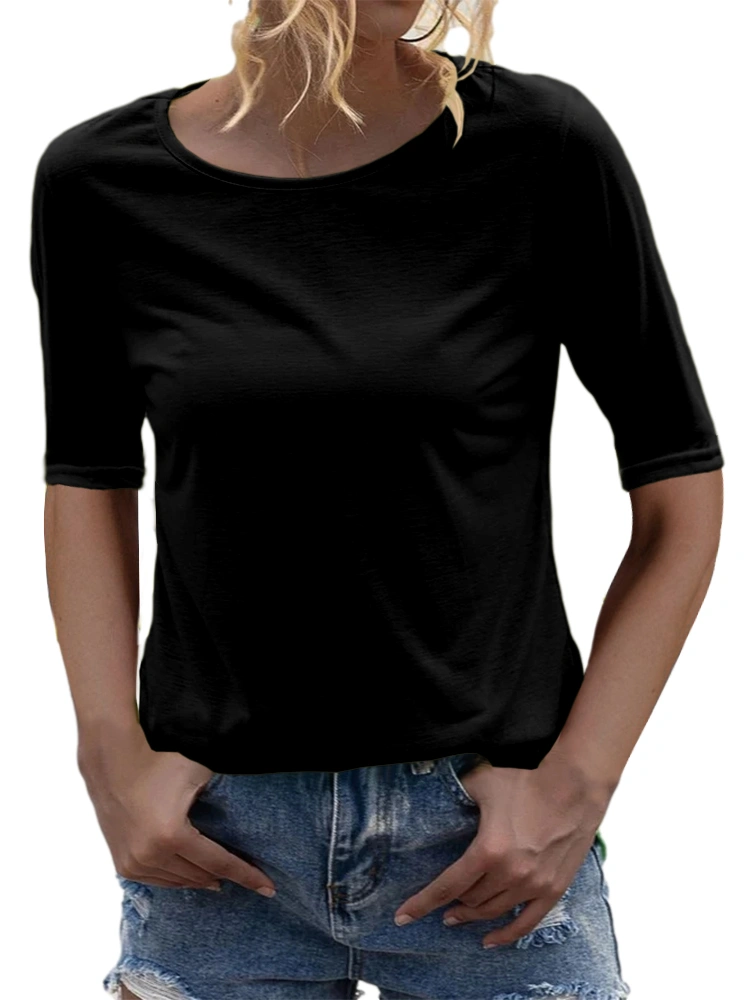 Danedvi Women Fashion O-Neck 3/4 Sleeve T Shirt Solid Casual Basic Tops