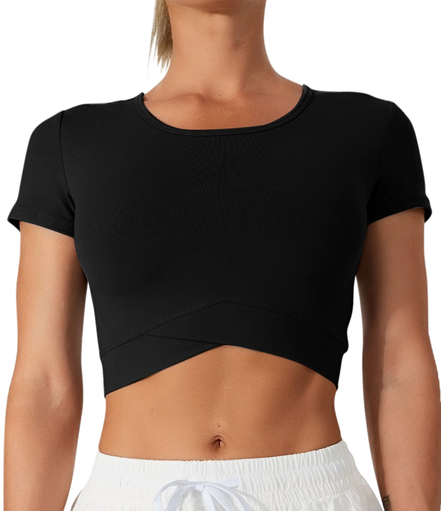 Ywyxhzha Women's Summer Workout Crop Tops Short Sleeve Scoop Neck Crossover Hem Cropped Sports Yoga Tops