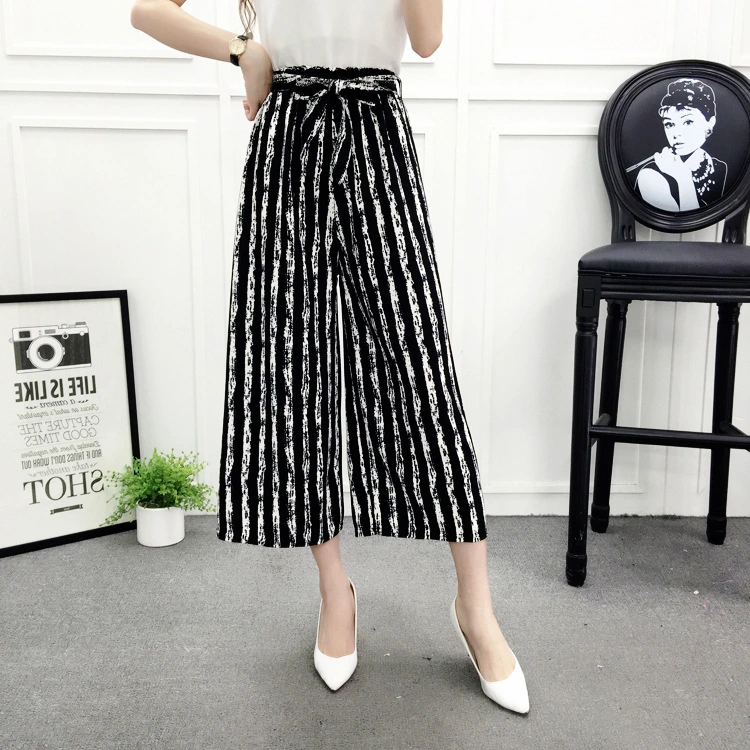 Cropped Pants Casual Wide-leg Pants Black And White StripesP