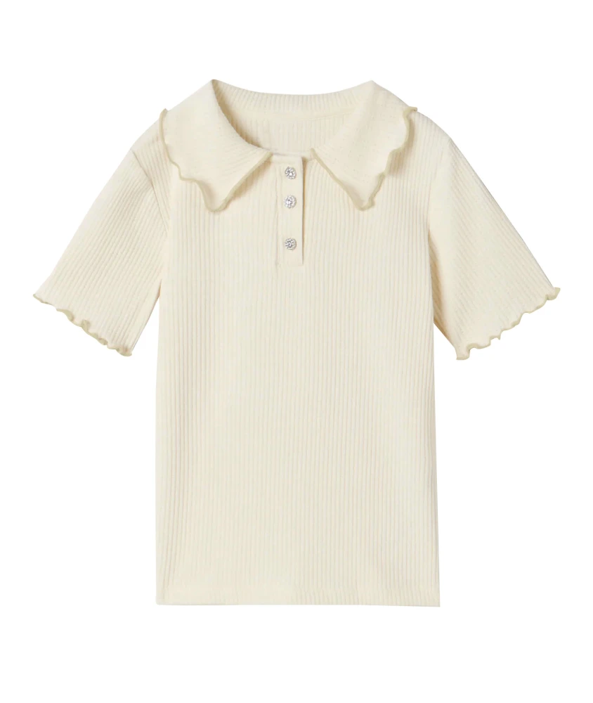 Littlegtl Girls' Summer Tops Short Sleeve Peter Pan Collar Rib Knit Shirts Button Down Lettuce Trim Blouses