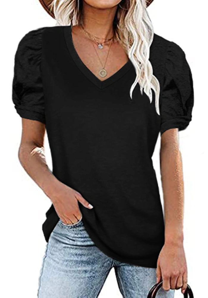 Zwurew Women's Summer Tops Puff Short Sleeve V Neck Basic T-Shirts Casual Loose Plain Cotton Tunic Blouse