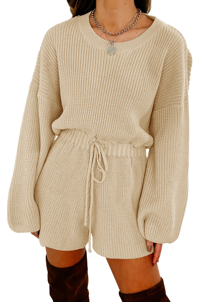 Women's Solid Loose Fit Knit Playsuit Sweater Long Lantern Sleeves Round Ncek Drawstring Waist Rompers