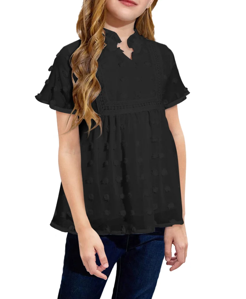 Girls Cute Dot Chiffon Blouses Short Sleeve V Neck Loose Shirts Soft Casual Summer Tops