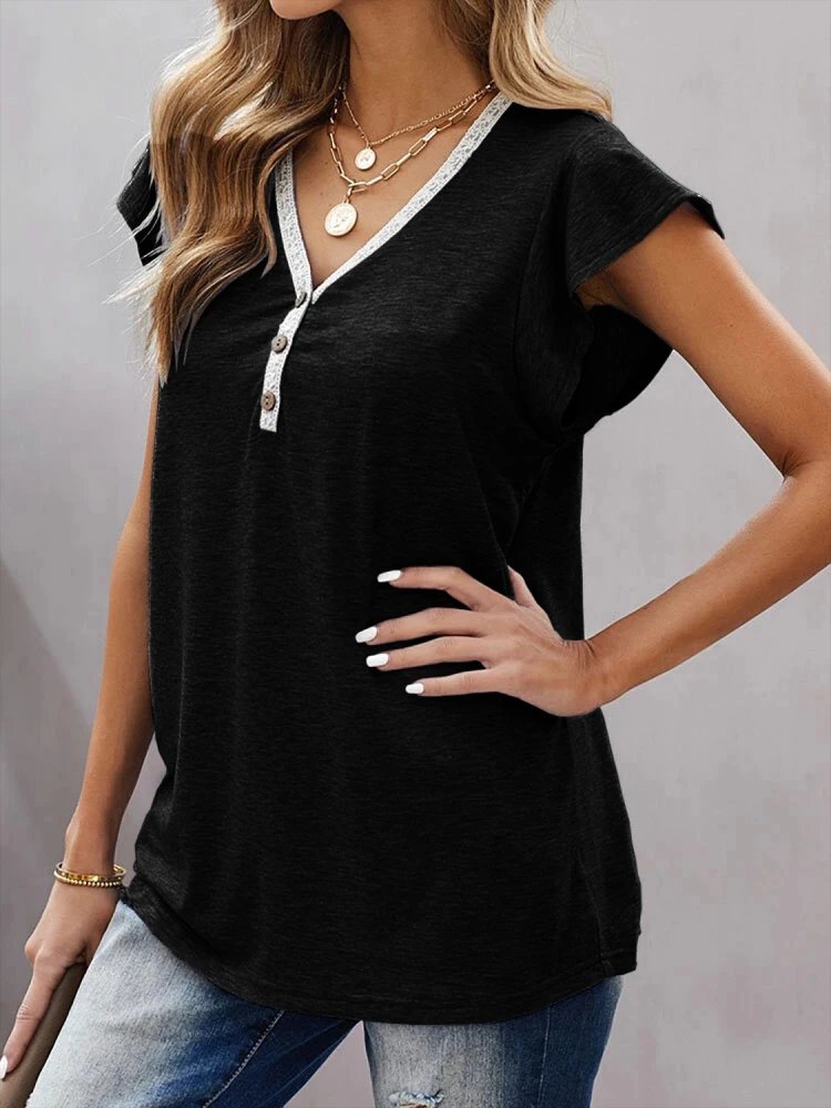 Womens Ruffle Cap Sleeve Lace V Neck T Shirt Summer Sexy Button Casual Tank Tops Blouse Loose Fit Shirts