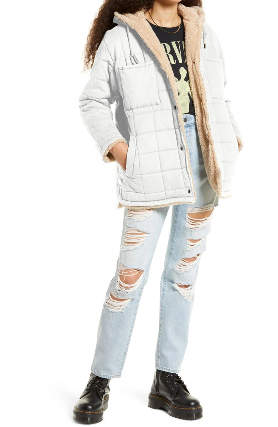 Yousify Women Quilted Cotton & Faux Shearling Hooded Reversible Jacket Sherpa Fleece Lined Warm Coats
