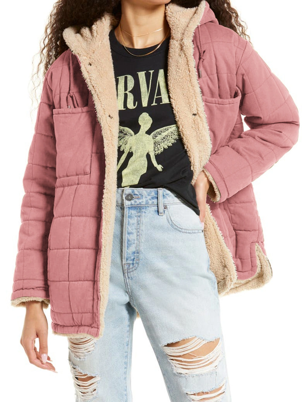 Yousify Women Quilted Cotton & Faux Shearling Hooded Reversible Jacket Sherpa Fleece Lined Warm Coats