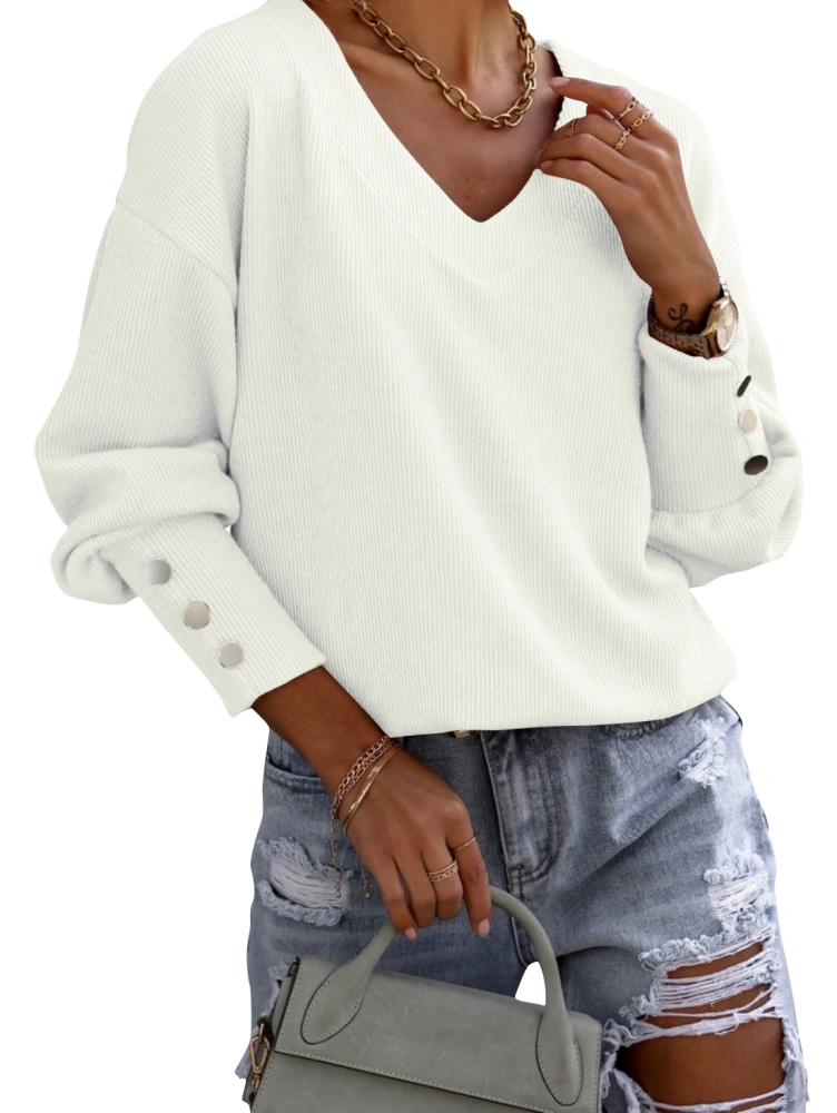 Zwurew Women's Long Sleeve Sweatshirt Casual V Neck Button Pullovers Ribbed Knit Sweater Tops