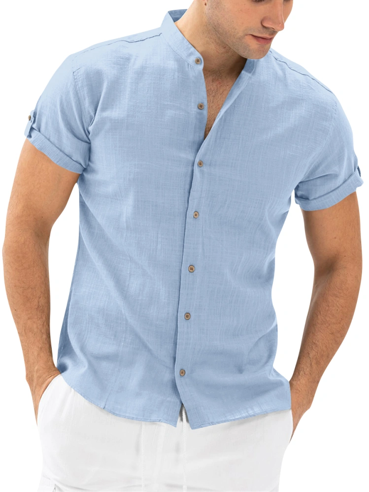 Hestenve Men's Linen Cotton Casual Short Sleeve Button Down Shirts for Men