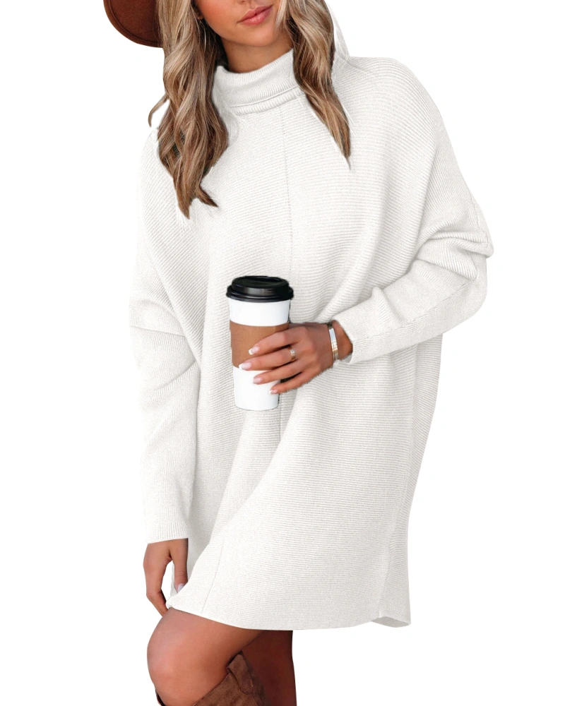 thefabland Women's Turtleneck Sweater Dress Batwing Dolman Sleeve Winter Oversized Long Pullover Sweater Tops