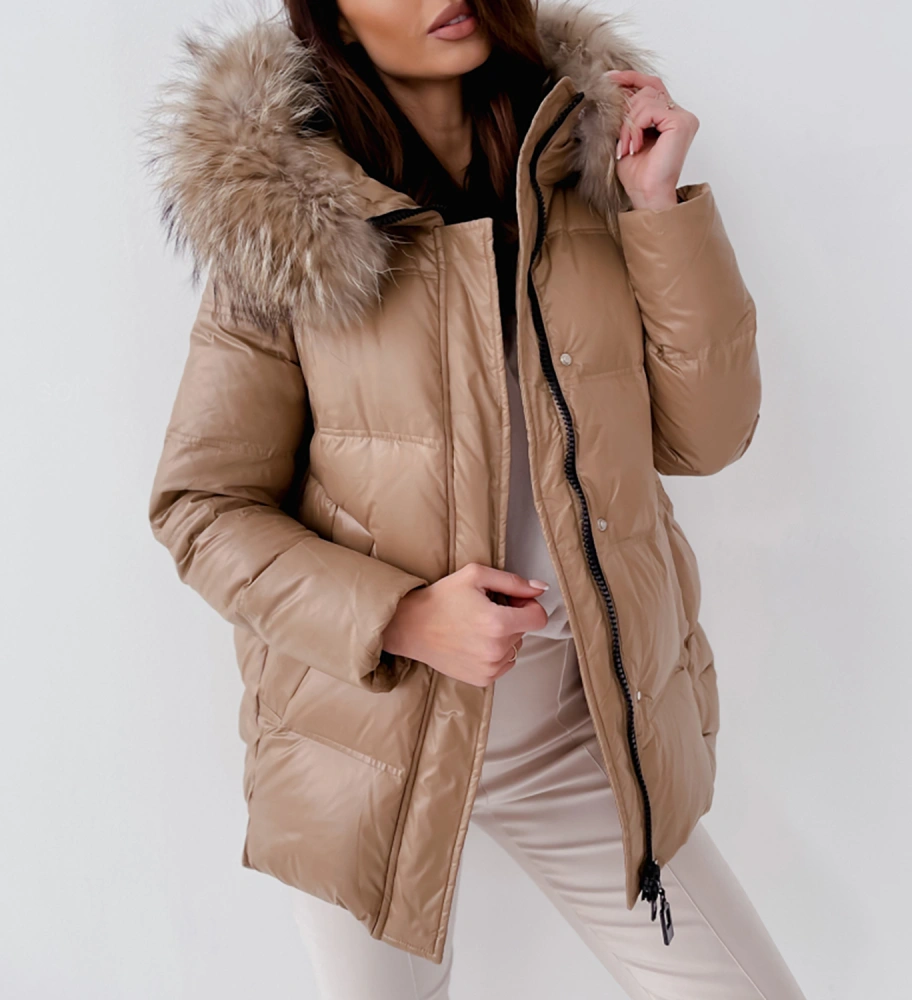 Womens Hooded Winter Down Jacket Long Sleeve Faux Fur Trim Thick Down Coat Warm Puffer Jackets Parka Coats