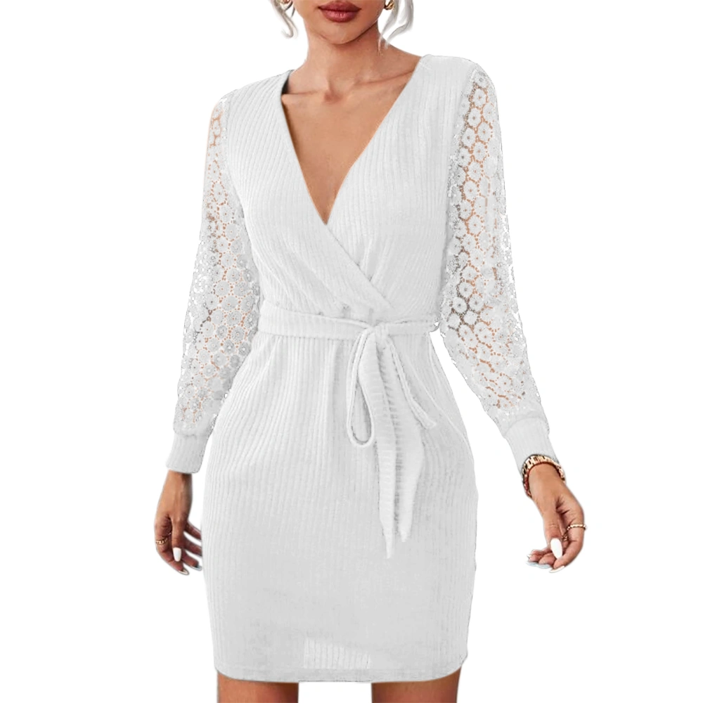 Womens Lace Dress Long Sleeve V Neck Wrap Tie Waist Pencil Dress