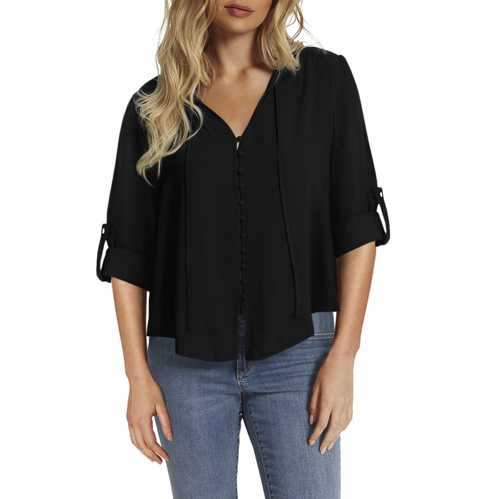 Women's Ruffle Neckline Trim Chiffon Blouse Shirts 3/4 Sleeve Shirts Solid Color Button Down Casual Tops