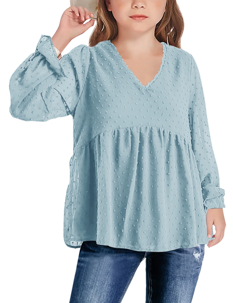 Ermonn Girls Long Sleeve V Neck Shirts Chiffon Cute Blouses Loose Soft Casual Ruffle Peplum Tops Tees for 5-14 Years