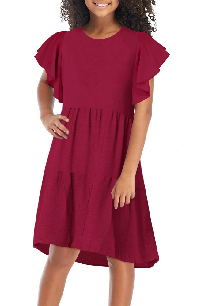 Girls Summer Midi Dresses Casual Pleated Ruffle Cap Sleeves Party Dress Solid Color A-Line Elegant Sleeveless Sundress