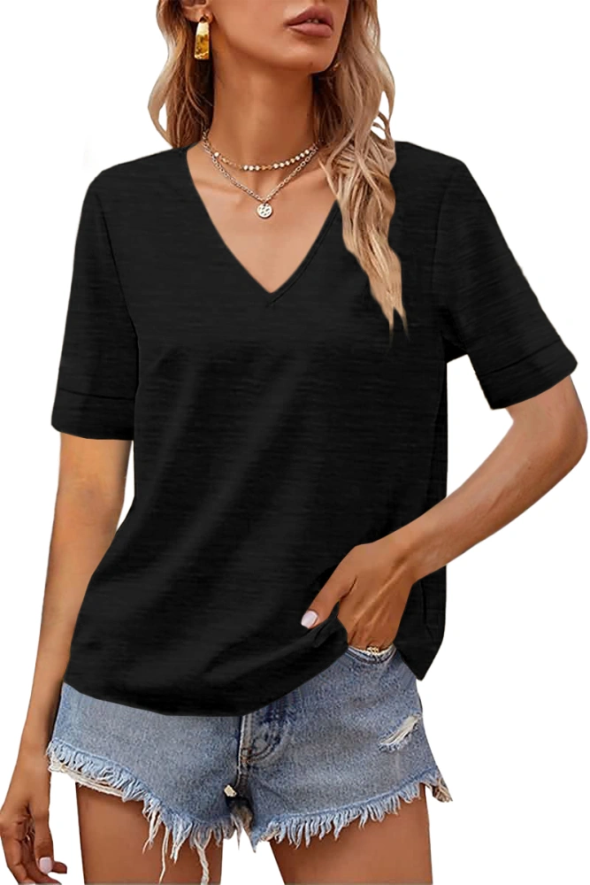 Grlasen Women's Fashion Half Sleeve V-Neck T-Shirt Solid Loose Basic top