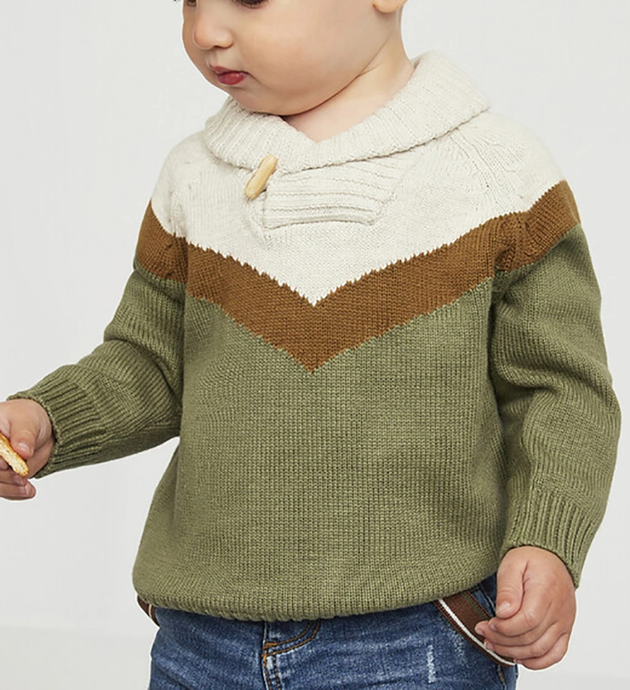 Makkrom Kids and Boys Pullover Sweater Contrast Color Shawl Collar Long Sleeve Toggle Button Knitted Jumper