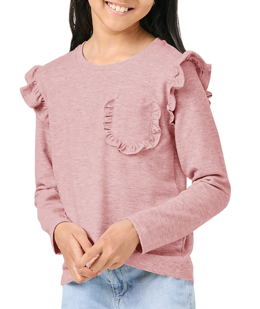 Teurkia Kids Cute Ruffle Trim Long Sleeve Crew Neck T-Shirts for Girls 3-12 Years