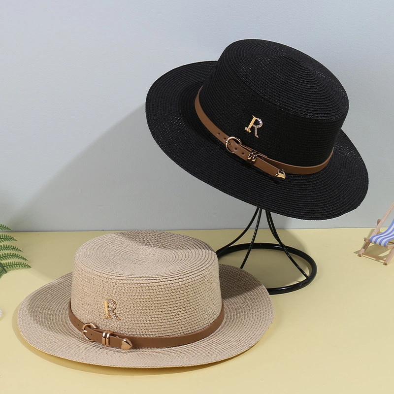 Metal R Letter Leather Strap Straw Hat Female