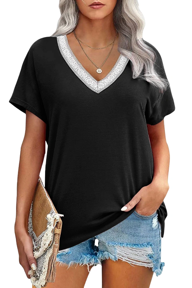 GIBLY Women Short Sleeves V-Neck Basic T Shirt Lace Patchwork Solid Color Casual