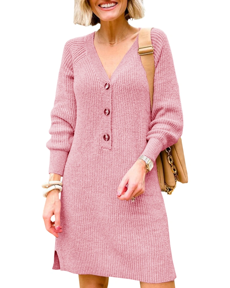 Saodimallsu聽Womens聽Oversized聽Sweater聽Dress聽Sexy聽V聽Neck聽Long聽Sleeve聽Button聽Down聽Ribbed聽Knitted聽Winter聽Sweater聽Dresses