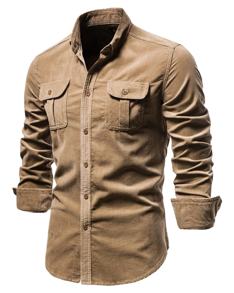 Men's Casual Button-Down T-Shirts Regular Fit Solid Corduroy Long Sleeve Tee Shirts