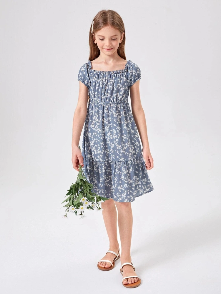 Poploli Girls Summer Dress Kids Floral Square Neck Puff Sleeve A-Line Midi Dresses