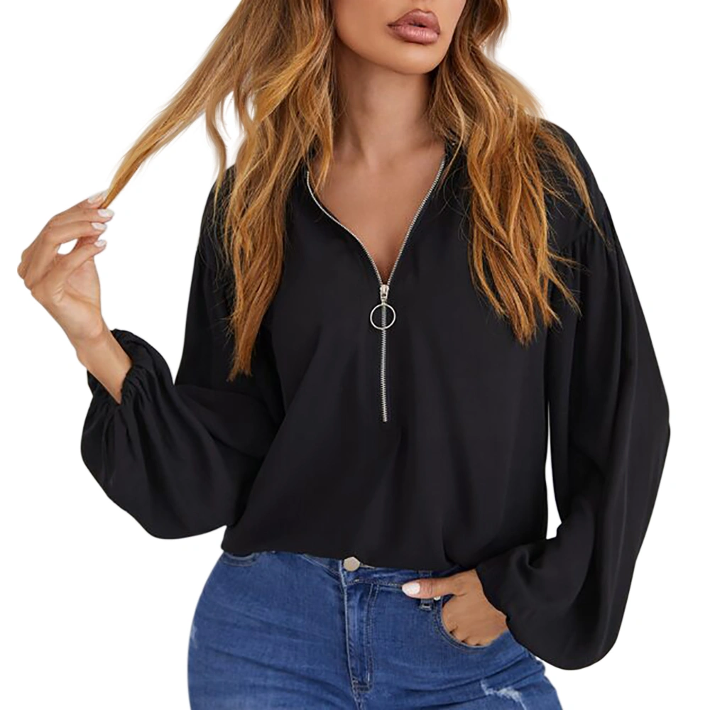 Womens Lantern Long Sleeve Shirts Tops Half-Zip V-Neck Casual Solid Color Blouses