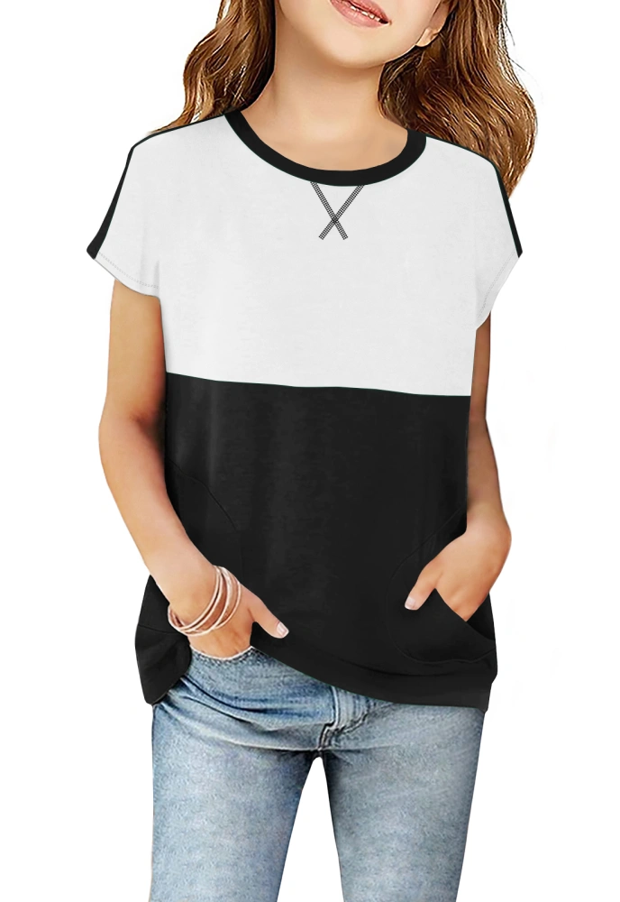 Haloumoning Girls Casual Short Sleeve T Shirts Color Block Tee Blouse Kids Loose Tunic Tops with Pockets Size 4-15