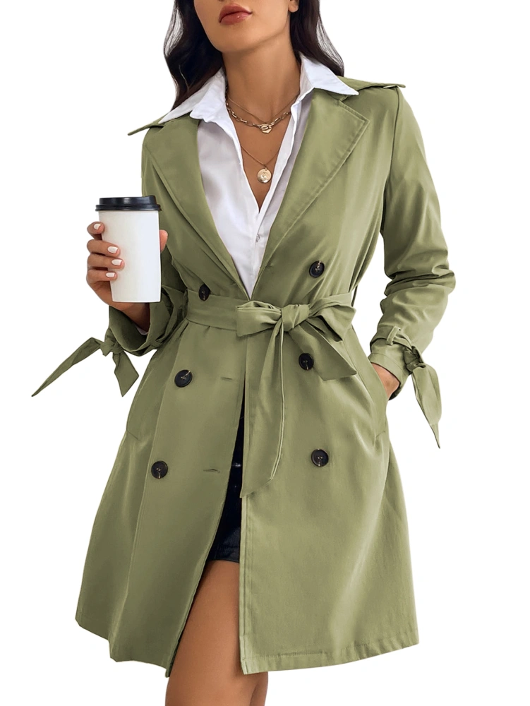 Hestenve Women's Double Breasted Long Trench Coat Lapel Windproof Casual Elegant Overcoat with Belt