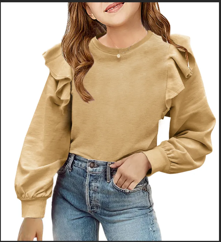 Zwurew Girls Crewneck Sweatshirts Kids Cute Ruffle Shoulder Pullover Long Sleeve Shirts Tops 4-12 Years