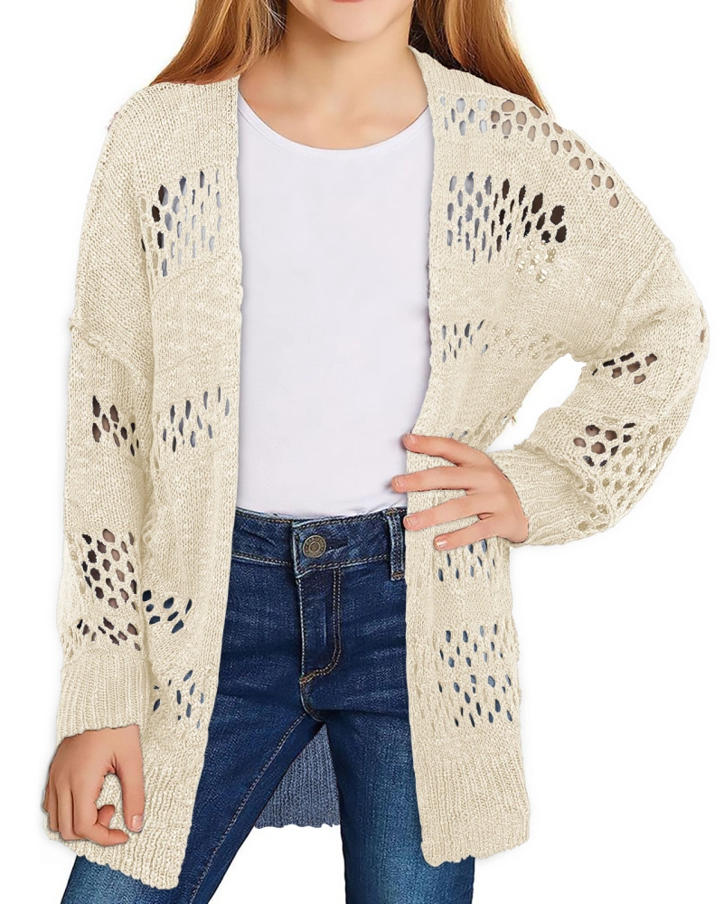 Girls Long Sleeve Cardigan Crochet Boho Kids Open Front Lightweight Soft Oversized Knitted Sweater