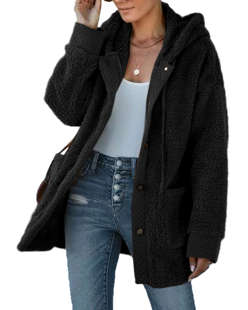 Grlasen Womens Winter Long Sleeve Button Hooded Sherpa Jacket Warm Fleece Outwear with Pockets