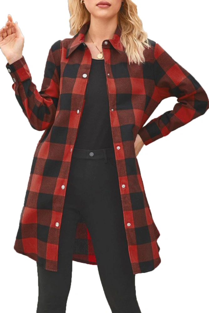 100% Cotton Womens Long Flannel Shirts Metal Durable Buttons Down Buffalo Plaid Shacket Jacket with Pockets