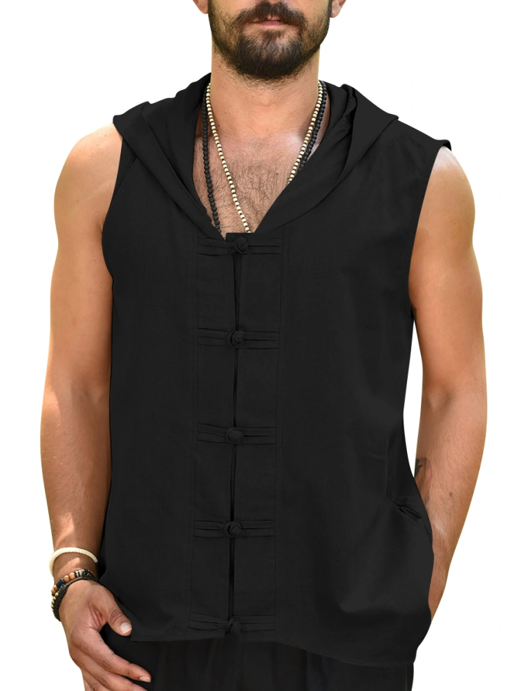 Gafeng Men's Linen Sleeveless Hoodies Summer Beach Casual Hippie Workout Muscle Frog Button Shirt Tank Tops