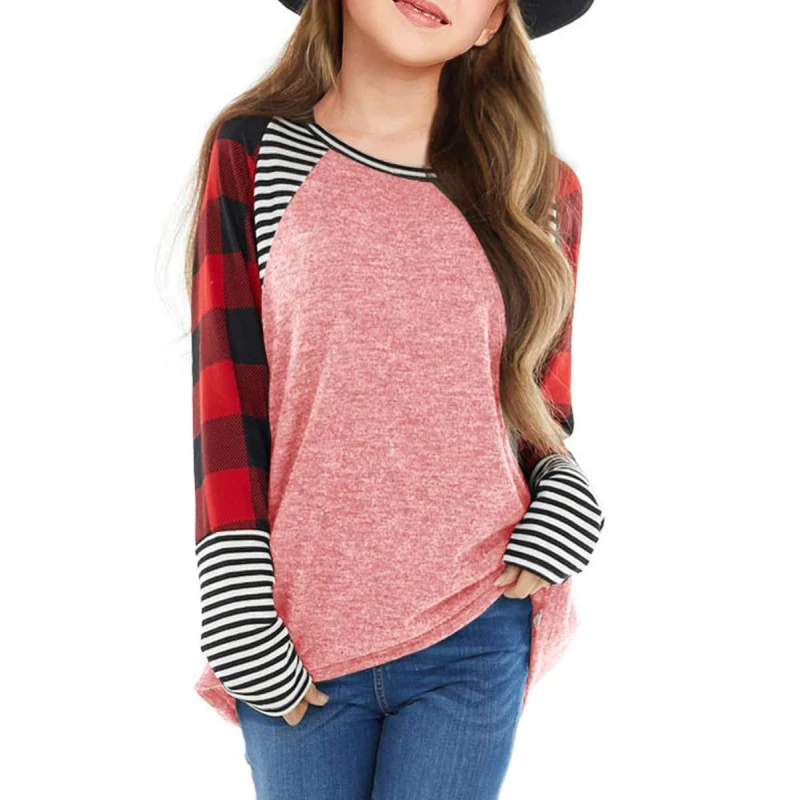 FSHAOES Girls Crew Neck Long Sleeve Tunics Tops Buffalo Plaid Stripe Color Block Raglan T-Shirts Blouses