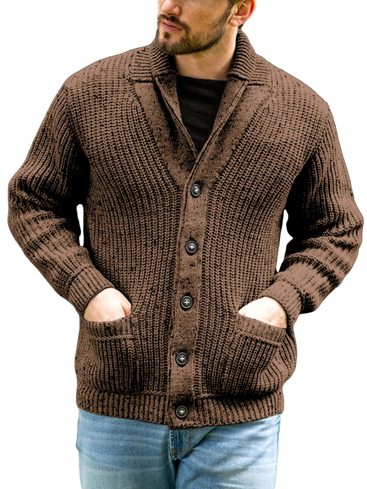 FUERI Mens Cardigan Chunky Knitted Jacket Shawl Collar Cable Knit Casual V Neck Knitwear Outerwear