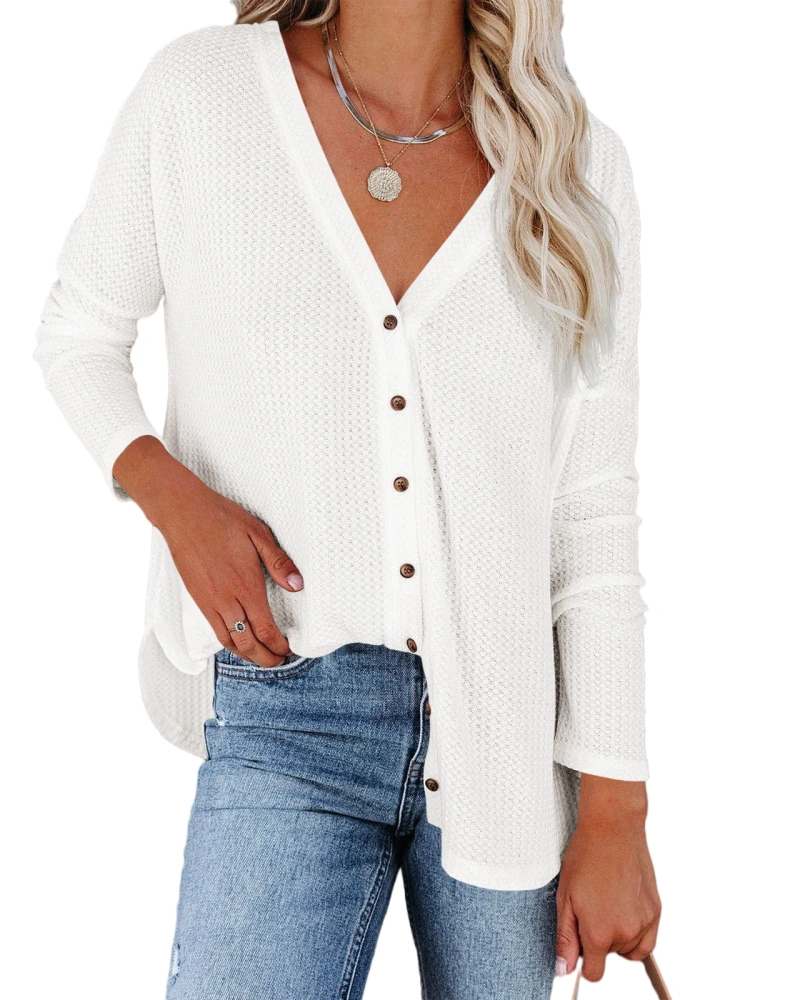 Women's V Neck Waffle Knit Blouses Button Down Shirts Casual Long Sleeve Tunic Cardigan Tops