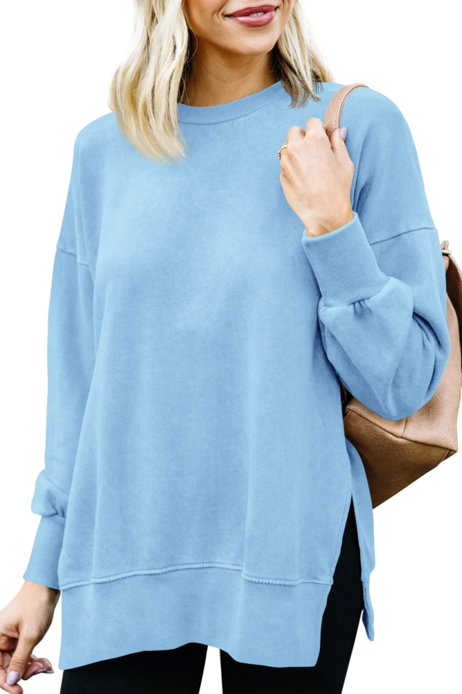 Womens Causal Long Sleeve Sweatshirts Top Crewneck Loose Active Side Slit Fleece Pullover Shirt Tunic