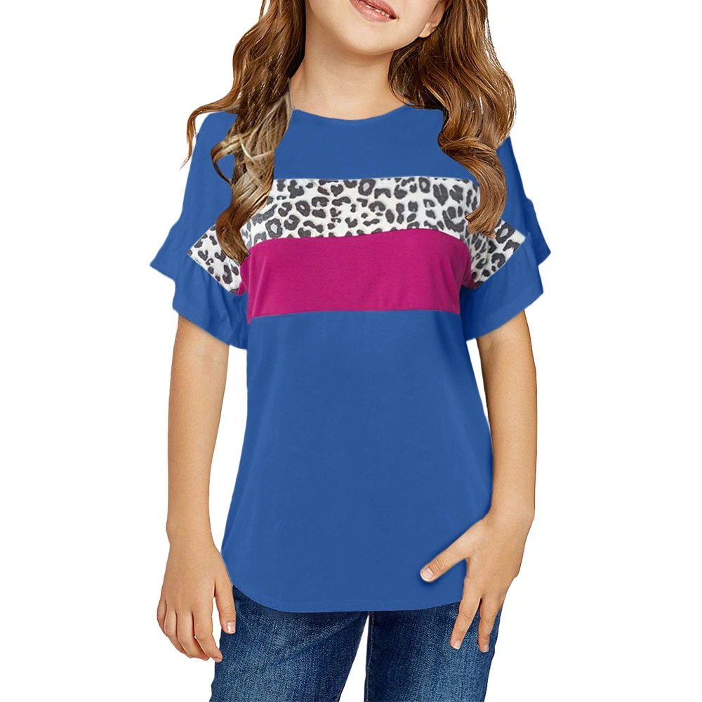 Lcucyes Girl's Leopard Print T-Shirt Color Block Crew Neck Ruffle Short Sleeve Loose Fit Tops