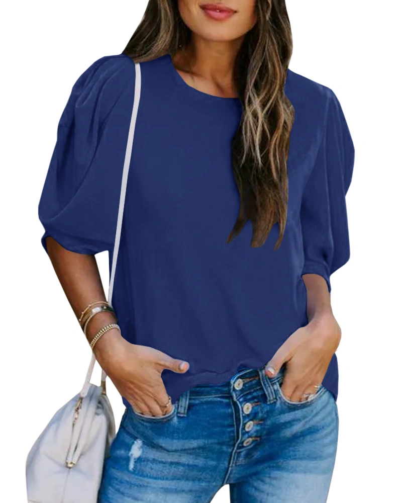 Sovelen Women's Casual Puff Sleeve Chiffon Blouses Half Sleeve Crewneck Solid Color Shirts Tops